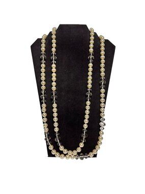 Single Strand Faux Pearl And Clear Faceted Crystal Like Beaded Necklace (6348)